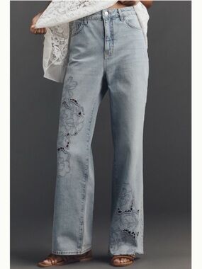 NWT Anthropologie Austyn High-Rise Wide-Leg Embroidered Jeans by Pilcro
